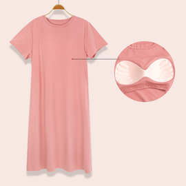 睡裙女夏薄款凉感短袖半袖长裙家居服加大码带胸垫bra-RC