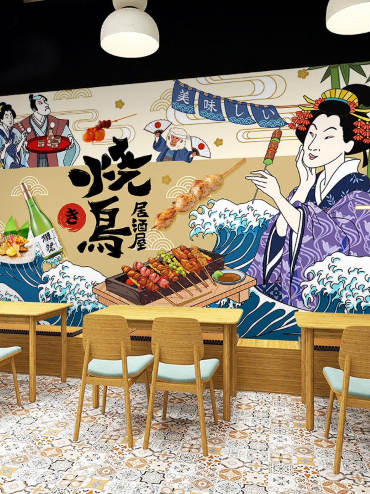 日式屋酒屋墙纸日本烧鸟宣传图片广告牌海报背景装饰画日料店壁纸