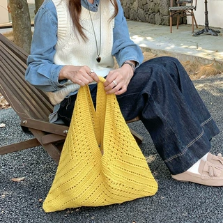 法式手工编织毛线包手提针织大容量慵懒风镂空饺子海边度假托特包
