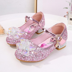 Girls' Princess Shoes Spring and Autumn Fashion New High Heel Small Leather Shoes Soft Bottom Velcro Sequin Girls Elsa Crystal Shoes 