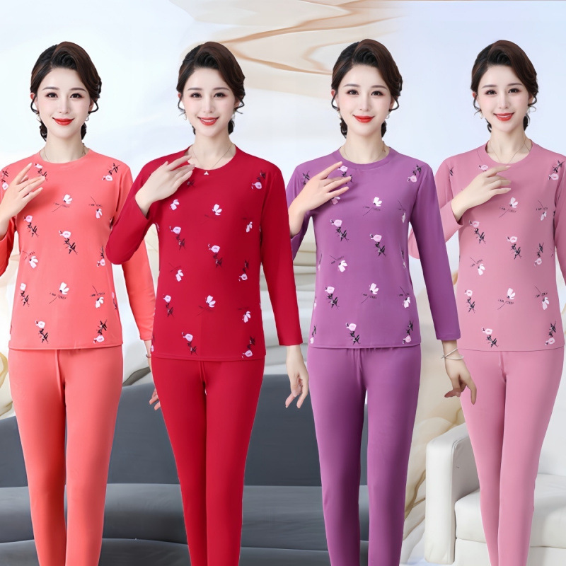 여성용 가을 겨울용 보온 속옷 슈트, 중장년 여성을 위한 독일산 벨벳 얇은 가을용 옷과 가을용 바지, 자체발열 라운드넥 셔츠 바텀