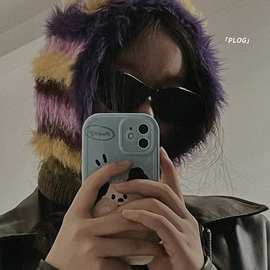 防风彩虹编织马海毛围脖一体护耳长绒毛帽条纹巴拉克拉法帽秋冬