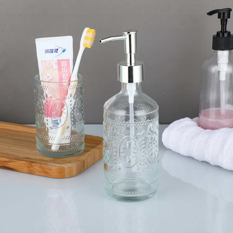 Botella de desinfectante de manos de vidrio prensado, conjunto de artículos de higiene, cepillo de dientes de vidrio, enjuague, artículos de baño simples