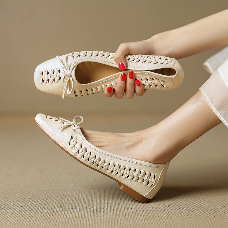 fashionable beige shoes square toe flat with bow