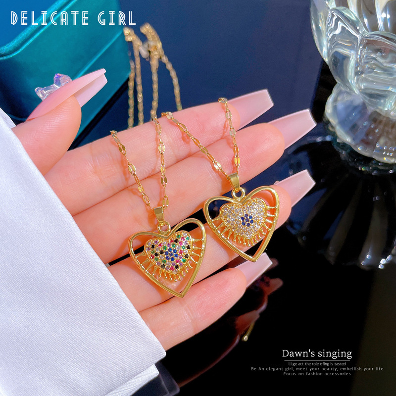 Ethnic Style Heart Shape Eye Titanium Steel Plating Hollow Out Inlay Zircon Pendant Necklace 1 Piece