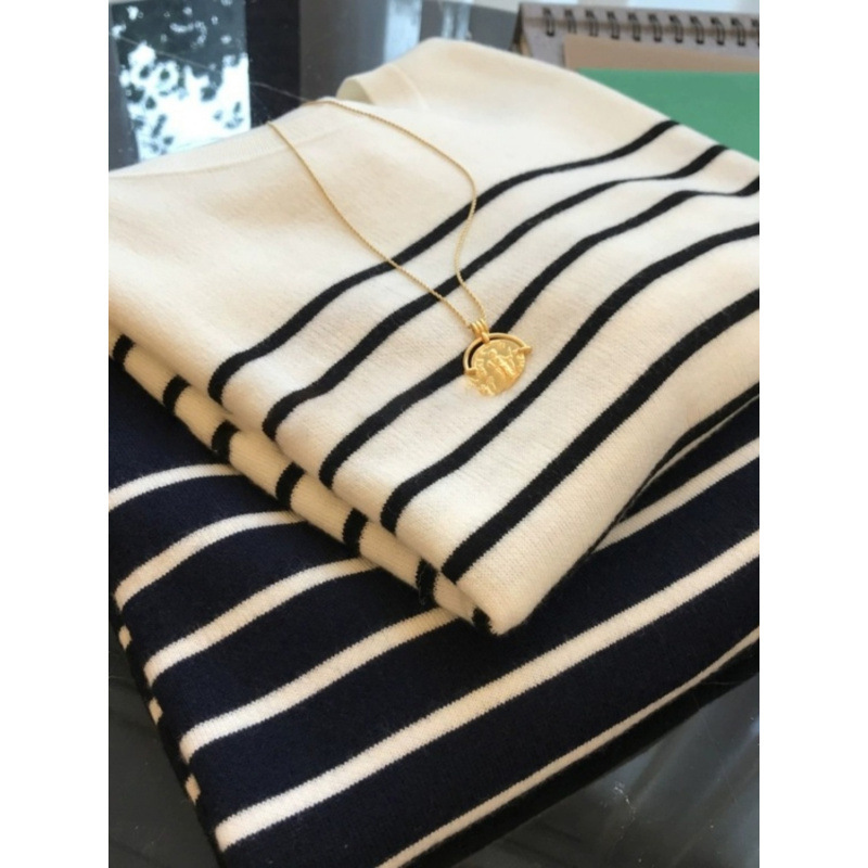 High-end College-style Black and White Striped Sweater Women's Outer Wear Autumn and Winter Inner Wear Knitted Long-sleeved Base Shirt Crewneck Top Trendy