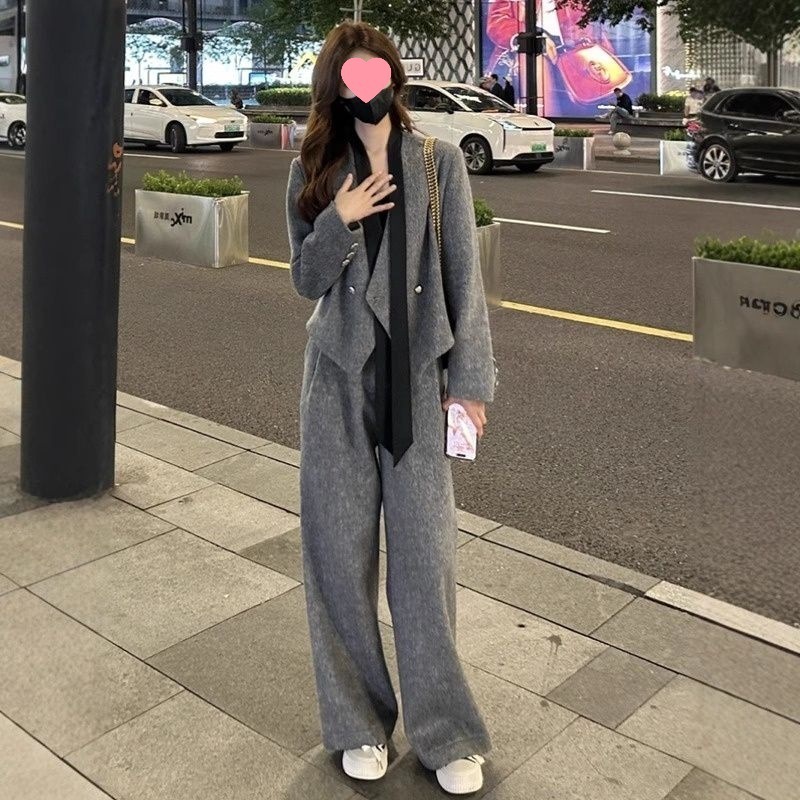 时尚飘带毛呢西装外套女秋休闲筒裤秋冬新款两件套套装韩版|undefined