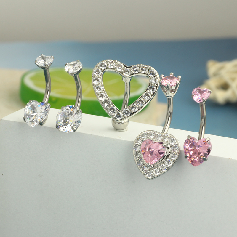New Heart-Shaped Double Zircon Stainless Steel Navel Ring with Full Diamond Heart Navel Buckle Piercing Accessory detail image 7