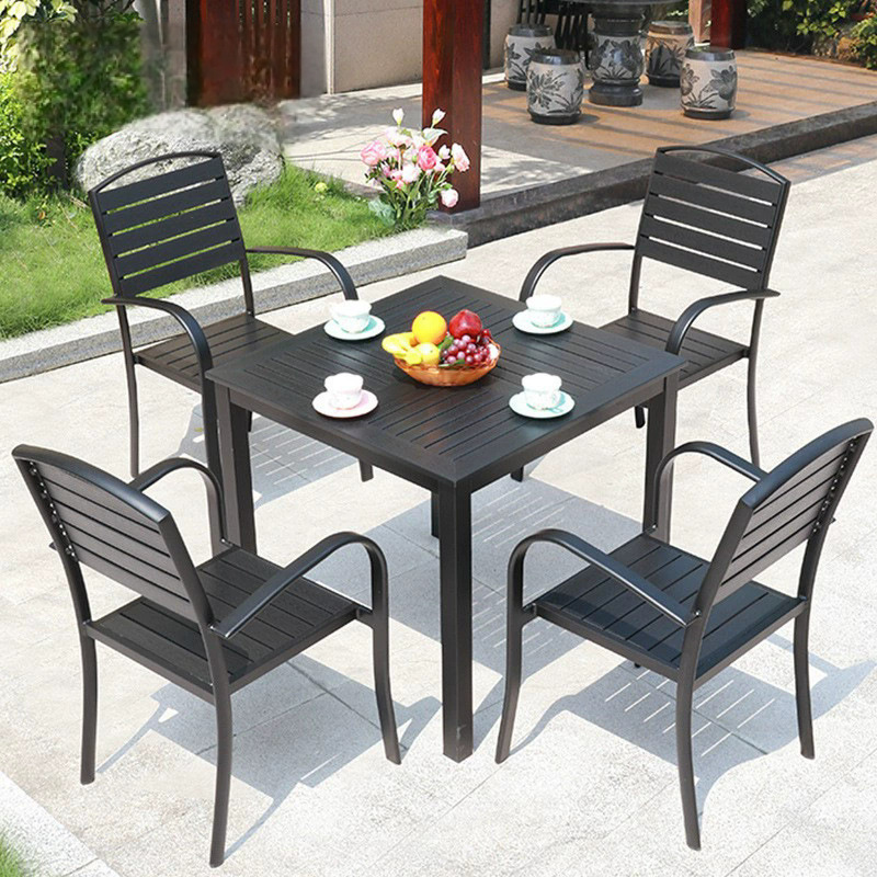 Mesas y sillas al aire libre, restaurantes de ocio, calles comerciales, patios, mesas y sillas de madera de plástico, combinación de mesas y sillas resistentes a la corrosión de aleación de aluminio