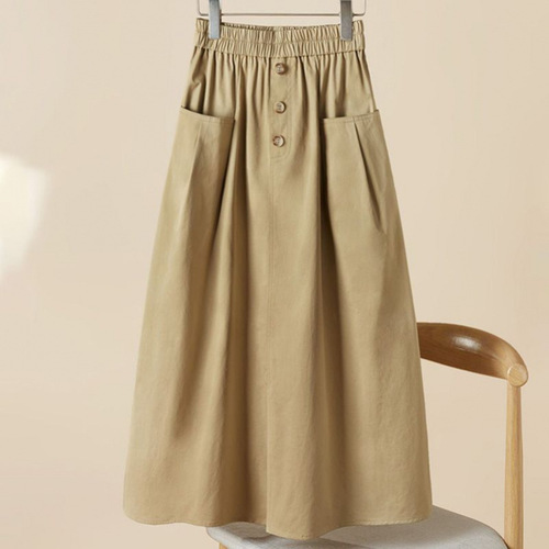 Relaxed A-line Skirt for Women 2024 Summer Korean Version New Women's Fashion Stretch Waist Workwear Style with Large Pockets Midi Skirt