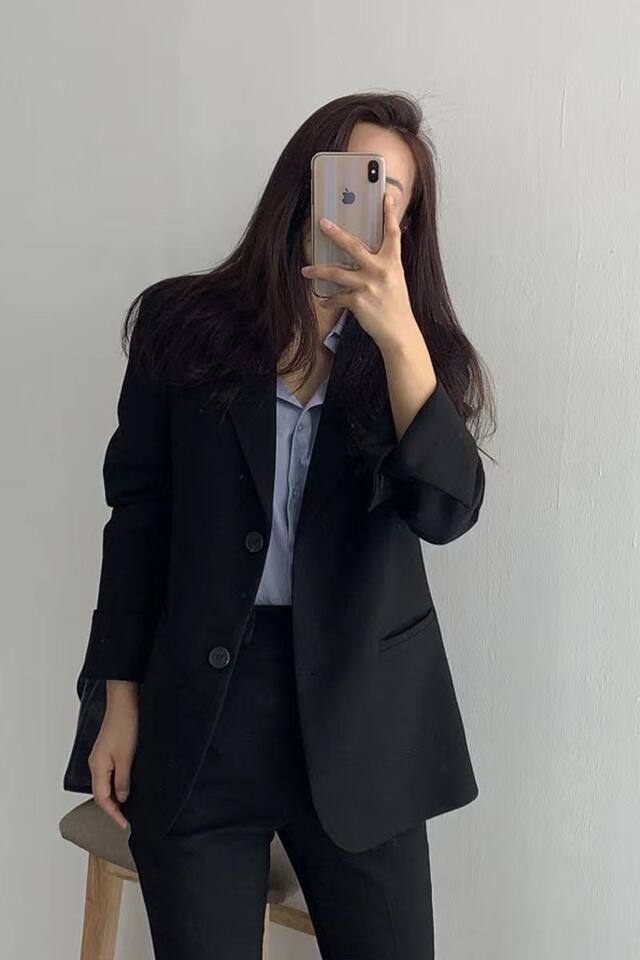 Áo vest nữ dáng rộng cổ vest tay dài phong cách thanh lịch — Tính khí đen chi tiết 11
