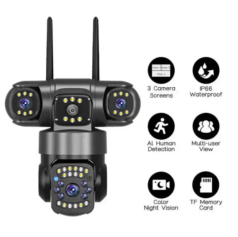Cross-Border V380 Pro Surveillance Camera with Three Lenses and Network Port, Three-Lens Wifi Camera, Outdoor Surveillance Camera