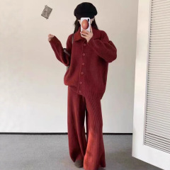 欧美跨境针织两件套女翻领单排扣毛衣＋高腰阔腿裤慵懒风时尚套装