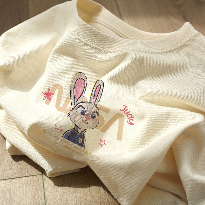 European 2025 Summer New chubby girl Shoulder Short-sleeved T-shirt Women's Loose Cotton Cartoon Student Printed Top ins