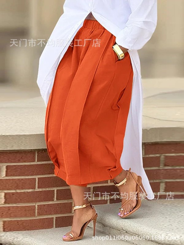 跨境欧美亚马逊外贸新款纯色宽松舒适休闲松紧腰显瘦七分阔腿裤女|undefined