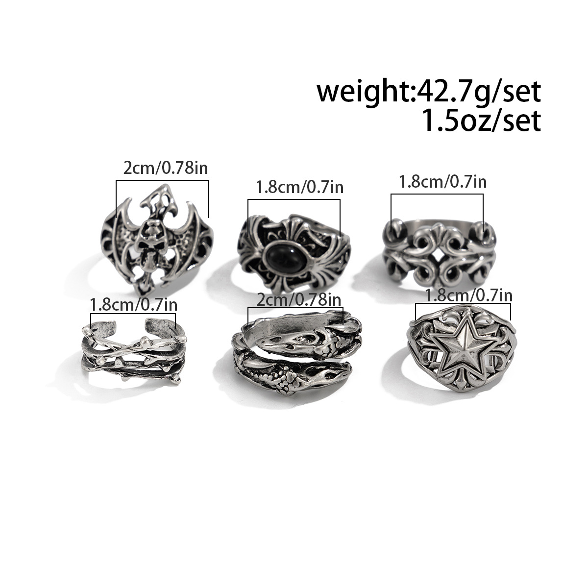 Conjunto de anéis com caveiras escuras europeias e americanas para homens, anel com pentagrama exagerado estilo hip hop punk, anel masculino transfronteiriço._voghion.com