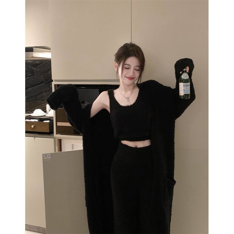 모피 따뜻한 패션 잠옷 세트 여성의 2024 새로운 달콤한 게으른 섹시한 고급 프랑스 홈 옷