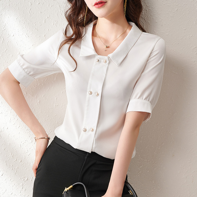 사랑의 옷 2023 여름 새로운 새틴 쉬폰 셔츠 여성용 반팔 셔츠 여성용 화이트 셔츠 웨스턴 스타일 셔츠