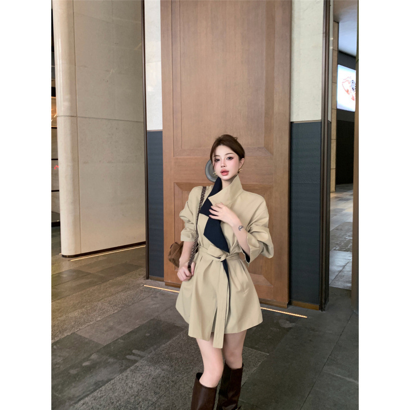 韩系气质设计感短款质撞色收腰翻领系带大衣风衣外套女|undefined