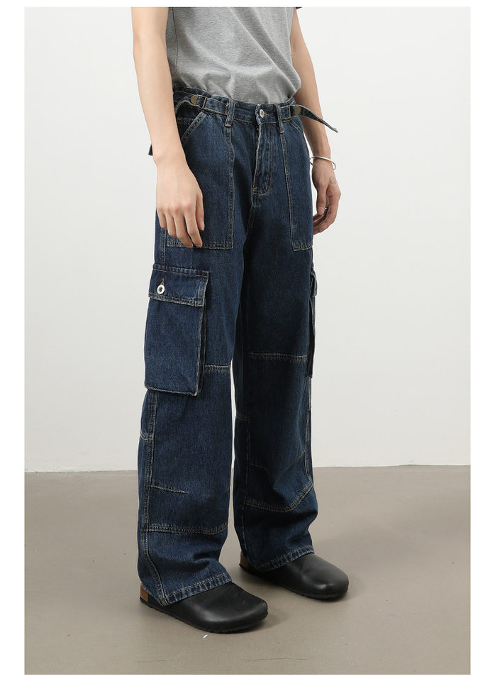 Quần jeans nam ống rộng thẳng phong cách đường phố, nhiều túi, lưng giữa eo — màu xanh đậm chi tiết 5