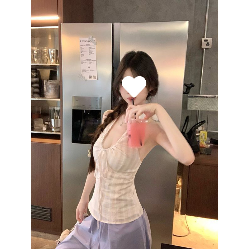 粉色V领系带挂脖背心女2025夏季新款甜辣妹小众修身显瘦无袖上衣|undefined