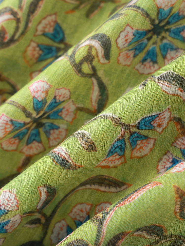Đầm maxi nữ thắt eo tay ngắn họa tiết vintage chất lụa tơ tằm phối sợi gai — xanh lá cây