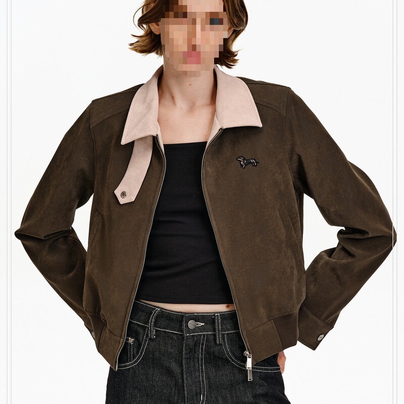 PCLP color-block collar leather jacket, new autumn collection, trendy Chinese-style design, patchwork style, loose fit, short length, zip-up short jacket for couples PCLP color-block collar leather jacket, new autumn collection, trendy Chinese-style design, patchwork style, loose fit, short length, zip-up short jacket for couples