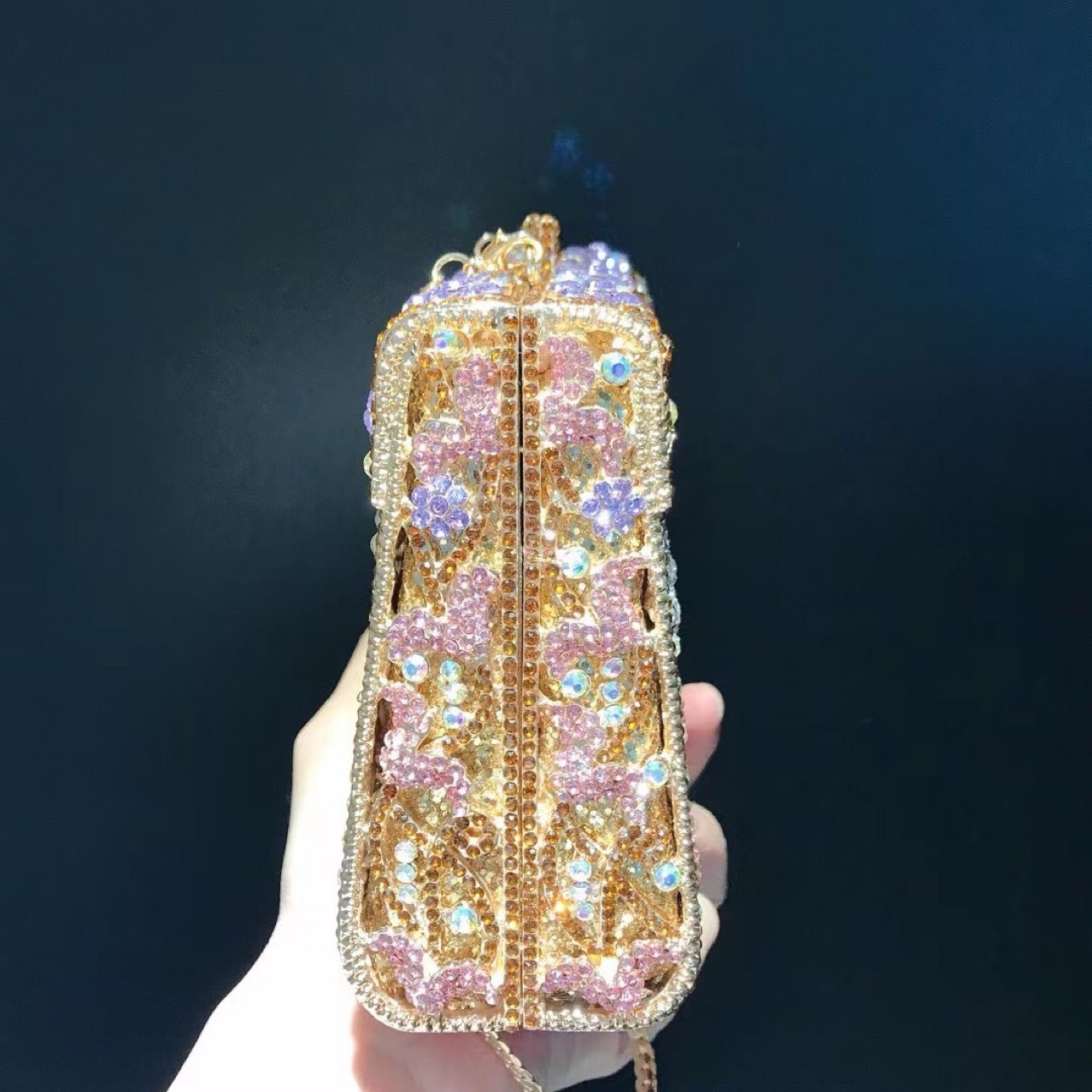 Túi clutch nữ đính đá dạ hội hộp vuông nhỏ hình thang — Màu vàng kim chi tiết 1