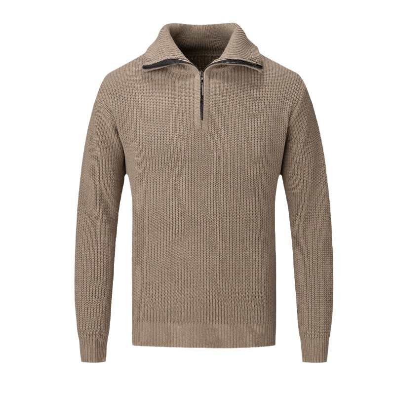 Suéter de cuello medio alto con cremallera para hombre, estilo holgado para otoño e invierno, tejido de punto de color sólido de alta gama, top de manga larga para comercio exterior