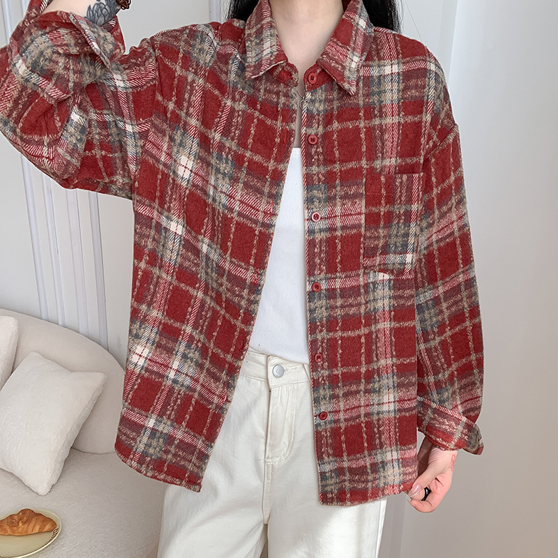 春秋新款韩系小香风气质休闲呢面格纹衬衫宽松显瘦慵懒感衬衣外套|undefined