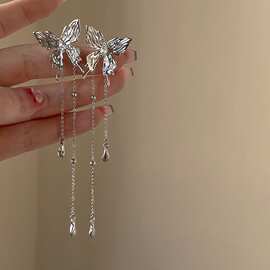 新款银色液态蝴蝶耳饰小众轻奢流苏精灵耳钉高级感冷淡风耳环批发