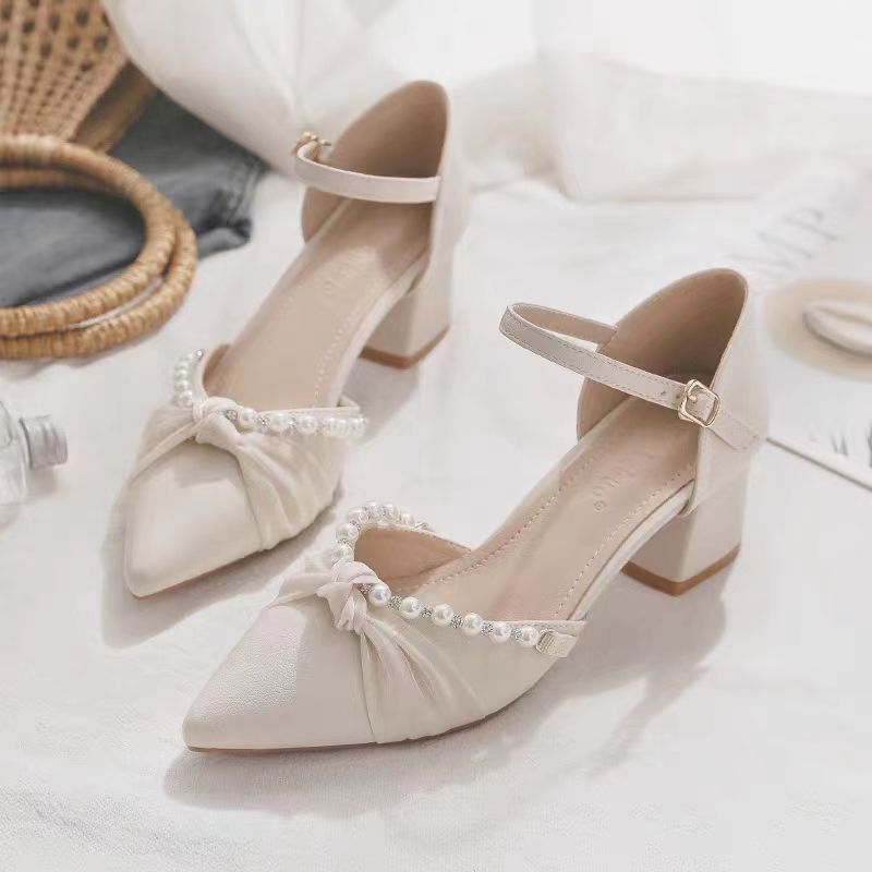 Mary Jane Shoes 2024 Spring New Shallow Mouth Pointed Toe High Heels Thick Heels Fairy Style Baotou Sandals Single Shoes Women Summer