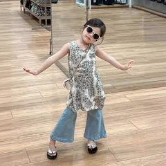 童裝女童連衣裙2024夏裝裙子疊穿豹紋背心裙無袖公主裙牛仔喇叭褲