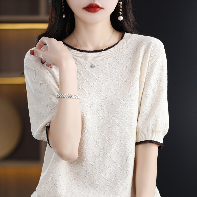 Pure Cotton Sweat-Absorbent 2025 Spring and Summer New Color-Blocked T-Shirt Women's Pullover Short Five-Quarter Sleeve Top Elegant Knitwear
