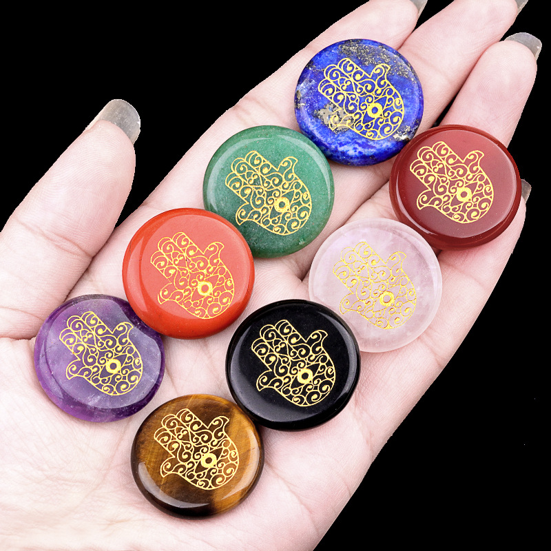 2103-25mm圆片紫水晶玛瑙石法蒂玛之手图案雕刻手掌符号跨境货源