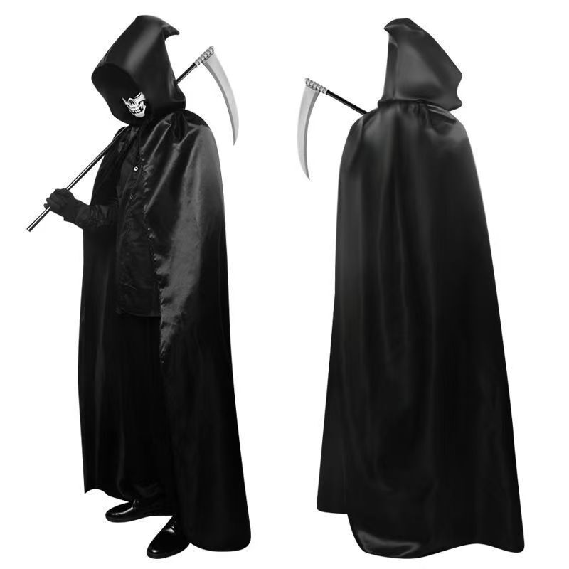 Halloween Adult Grim Reaper Cape with Hood, Black Long Performance Costume for Stage Show Halloween Adult Grim Reaper Cape with Hood, Black Long Performance Costume for Stage Show