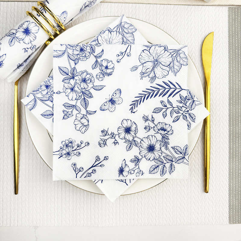 Butterfly Flowers Blue and White Porcelain Party Napkins Hotel Party Tissue Party Holiday Tableware Vintage Disposable Tissue
