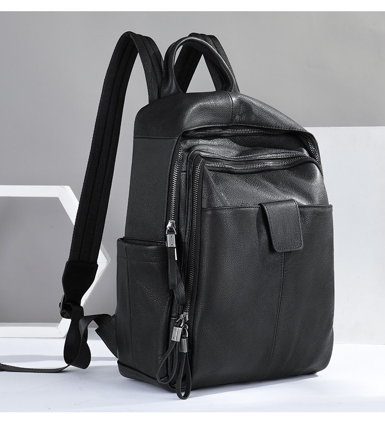 Ba lô da bò thật cho nam phong cách đường phố, đựng vừa laptop 14 inch, dung tích dưới 20L — Màu đen chi tiết 9
