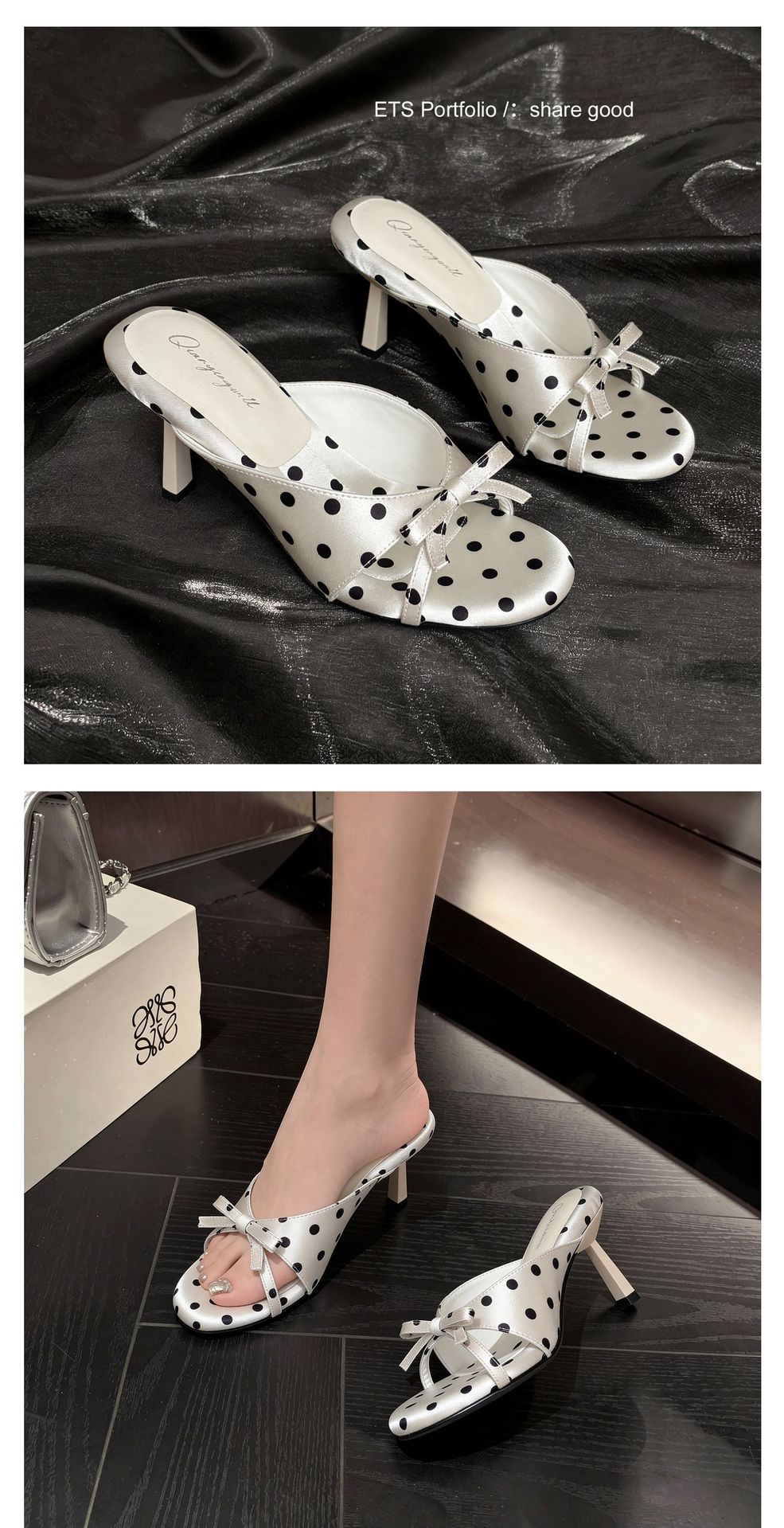 Sandal cao gót nữ hở mũi phong cách Pháp, chất liệu satin họa tiết chấm bi/chấm sóng, gót nhọn 9 cm — Điểm sóng đen, Trang chủ, Điểm sóng trắng chi tiết 20