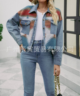 ins New 2023 European and American ladies early spring geometric wool + denim stitching Buckle lapel short coat