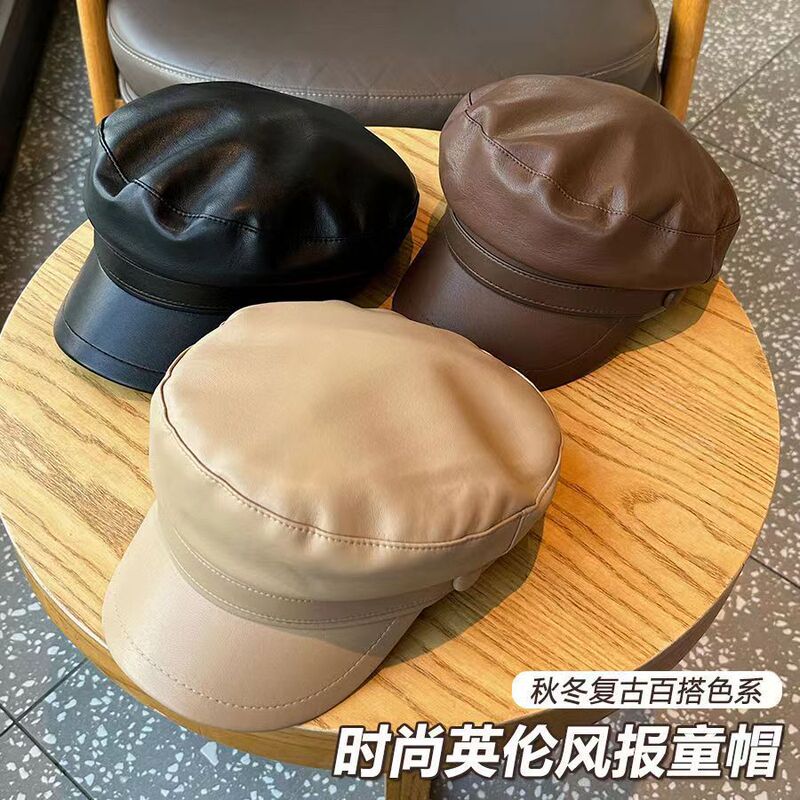 pu皮黑色八角帽复古秋冬鸭舌帽子女韩版休闲百搭日系报童帽潮软顶|undefined