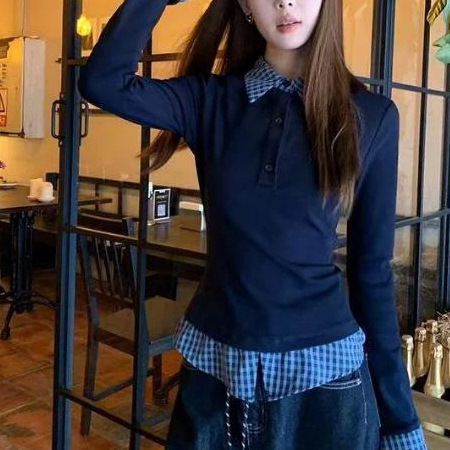 厂家格子上衣女领美式显瘦春秋季长袖拼接恤复古假两件学院风厂|undefined