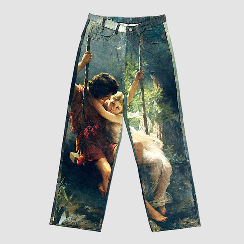 American-style street-print jeans for men, AC-style 3D digital-print pattern, splashed dye tie-dye design, straight-leg denim.