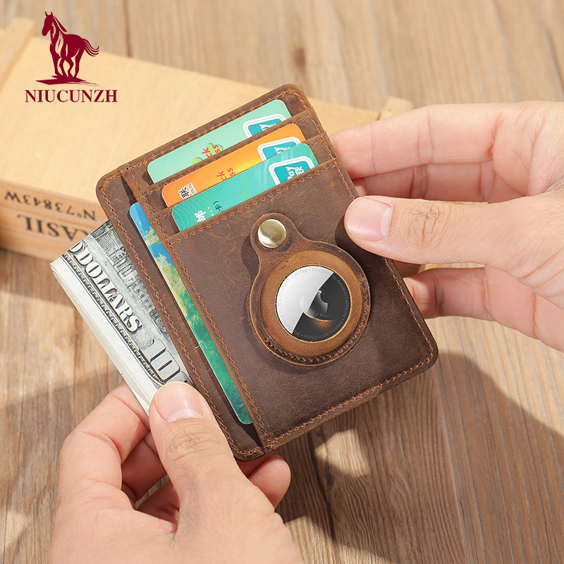 亞馬遜瘋馬皮airtag錢包防盜rfid追蹤器卡套真皮卡包歐美複古卡夾