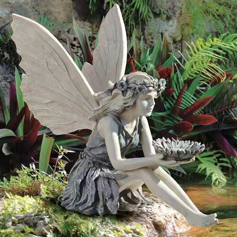 Cross-Border New Home Flower Fairy Bird Feeder Angel Girl Little Angel Statue Outdoor Yard Decoration Ornaments