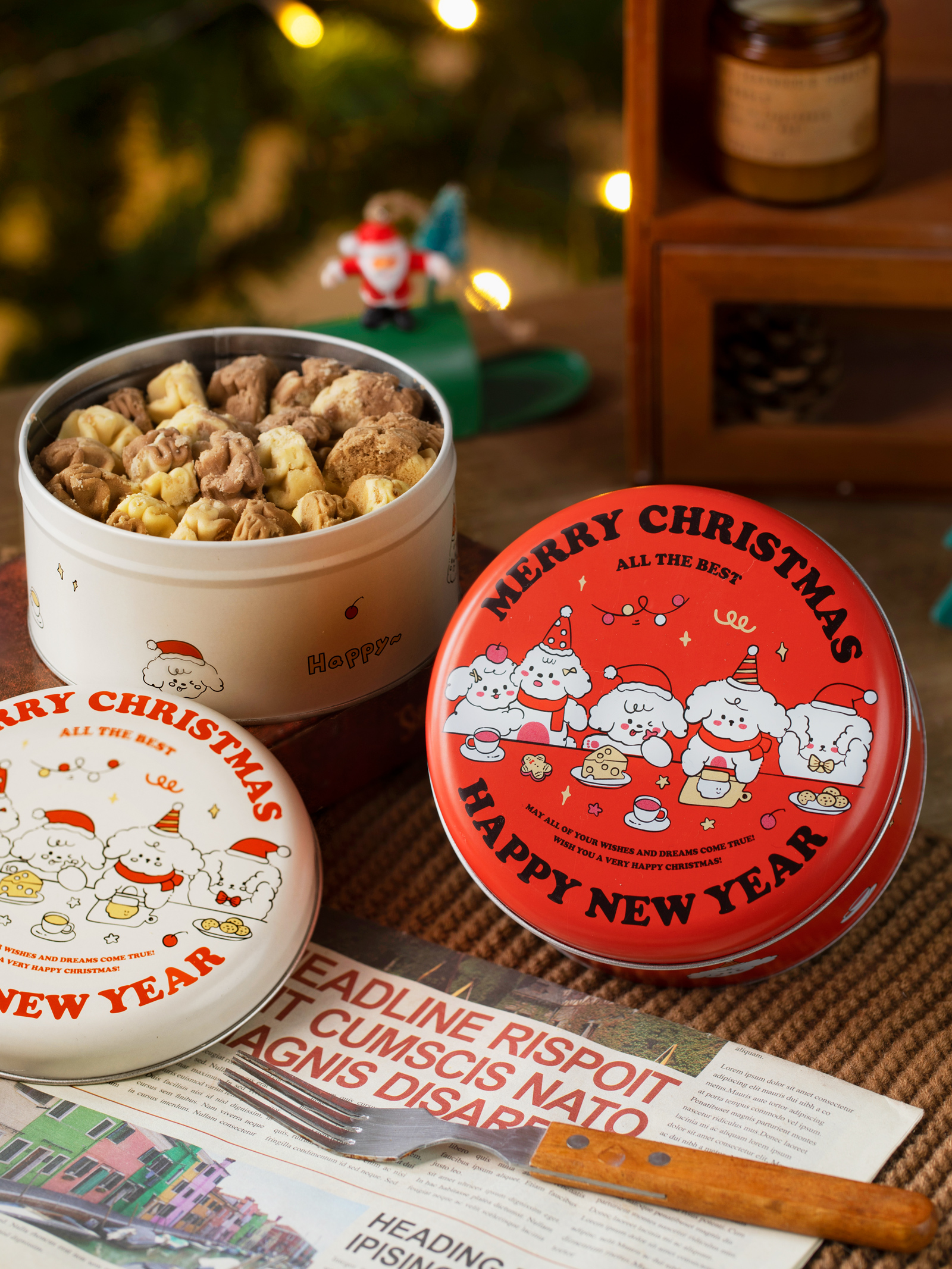 Navidad creativa galletas de cacao croquete cajas de embalaje de caramelo taffy tortilla de nieve redonda caja de hierro