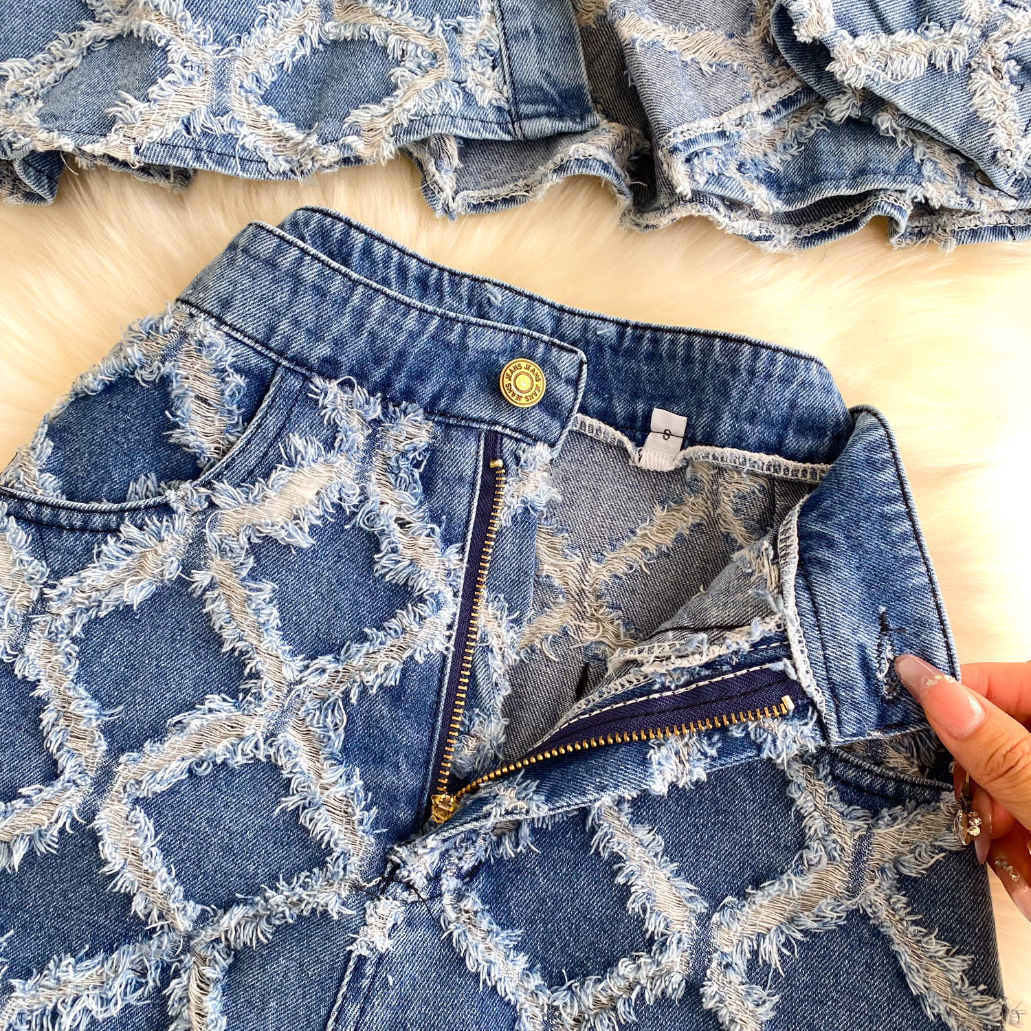 Women's Denim Shirt And Shorts Set Diamond Pattern Frayed Edge_voghion.com
