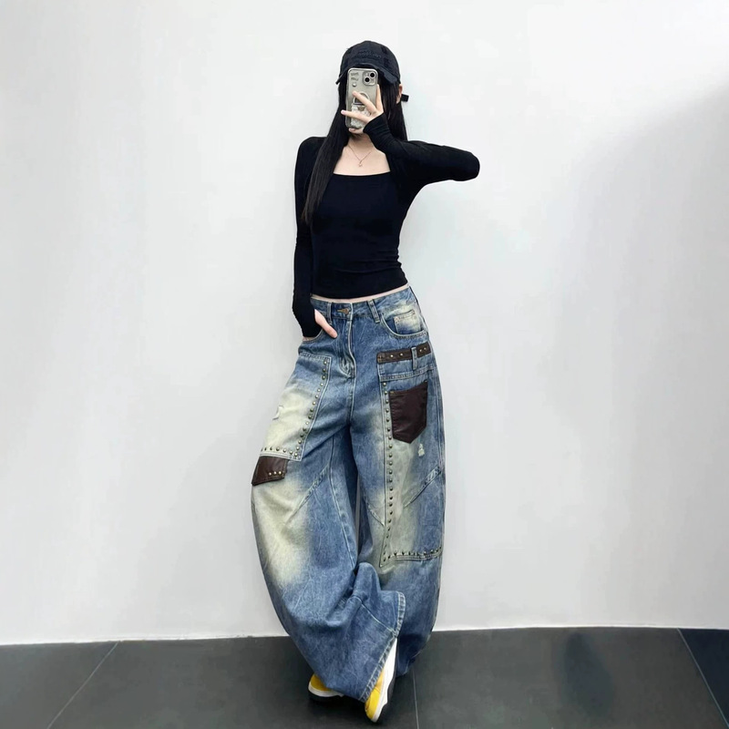 American-style workwear rivet jeans, distressed washed wide-leg floor-length pants for women, wholesale R9157 American-style workwear rivet jeans, distressed washed wide-leg floor-length pants for women, wholesale R9157
