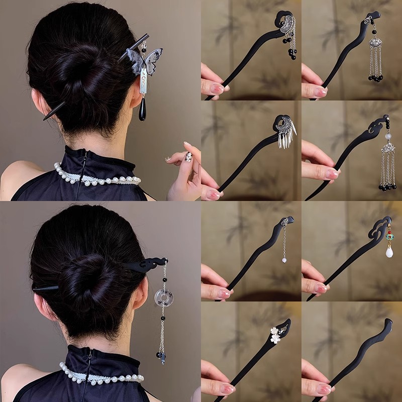 Pinzas de cabello nuevas chinas de alto nivel sensación pinzas de madera estilo antiguo cabello más de un disco de cabello de paso agitado decoración de cabello de mujer imitación de madera negra pinzas de bordas