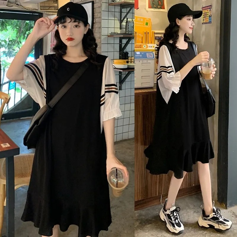 Maternity dress for plus-size women, summer medium-length loose anti-aging belly cover dress for 200-pound pregnant women